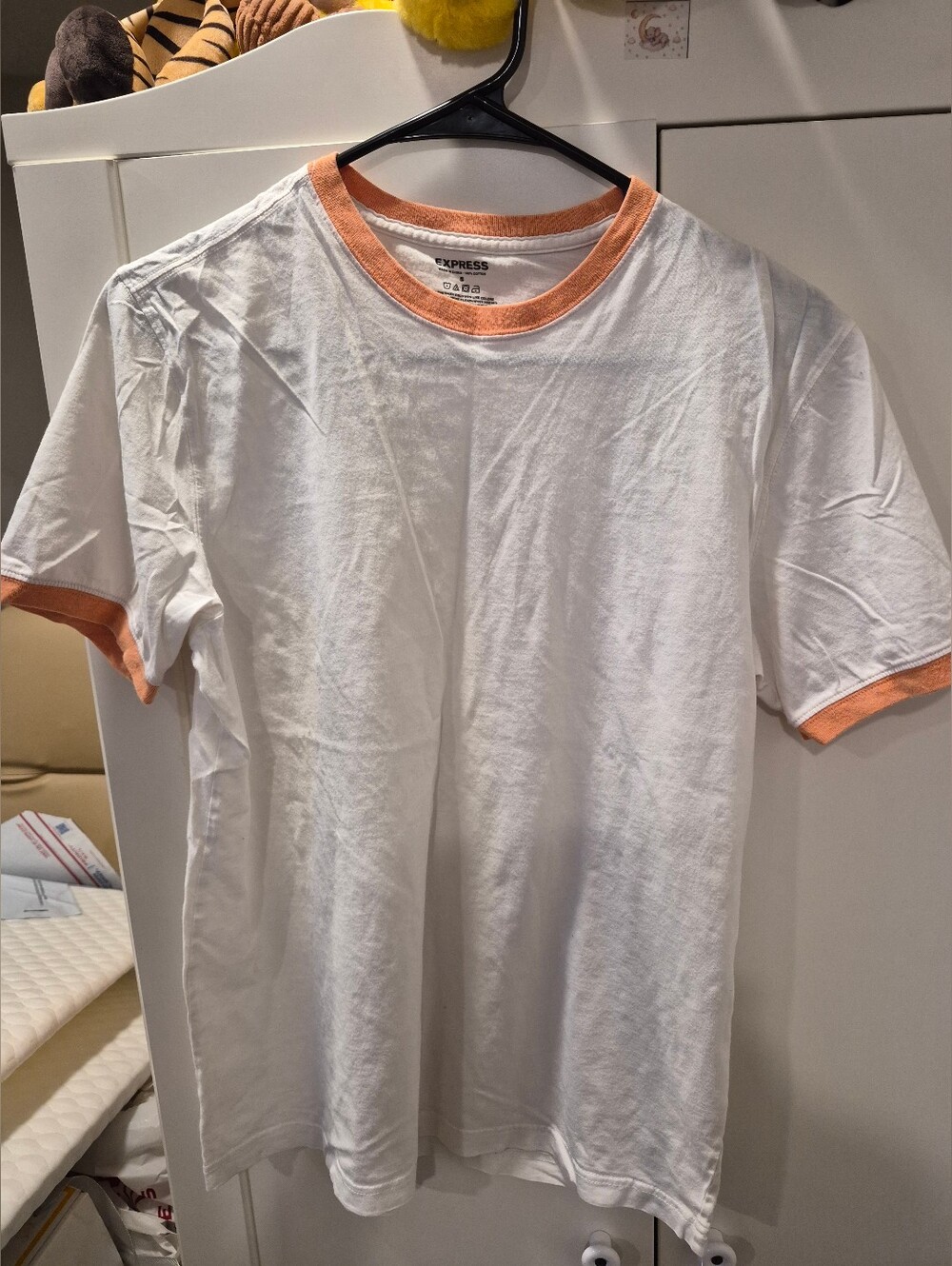 Express White Short Sleeve Ringer Tee with Peach Trim